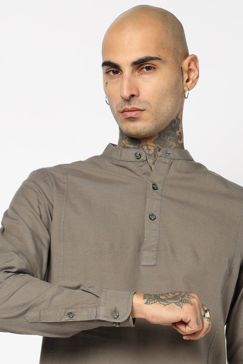 Grey Solid Cotton Kurta Shirt
