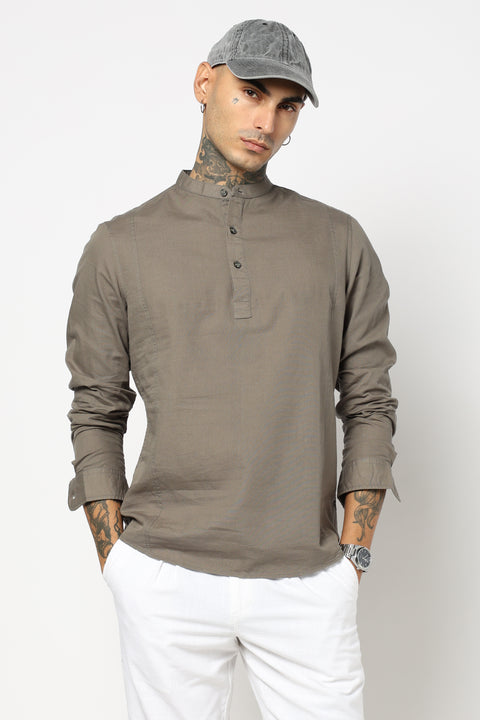 Grey Solid Cotton Kurta Shirt