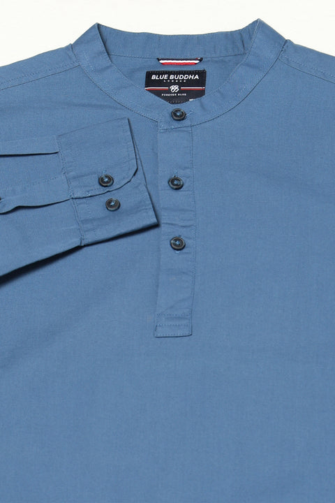 Mid Blue Solid Cotton Kurta Shirt