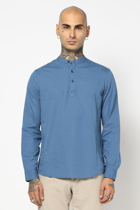 Mid Blue Solid Cotton Kurta Shirt