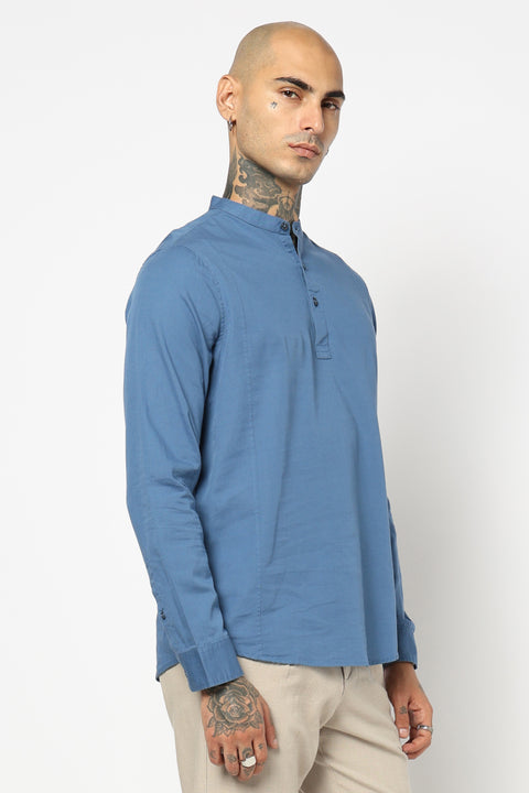 Mid Blue Solid Cotton Kurta Shirt