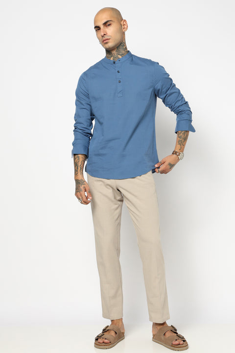 Mid Blue Solid Cotton Kurta Shirt