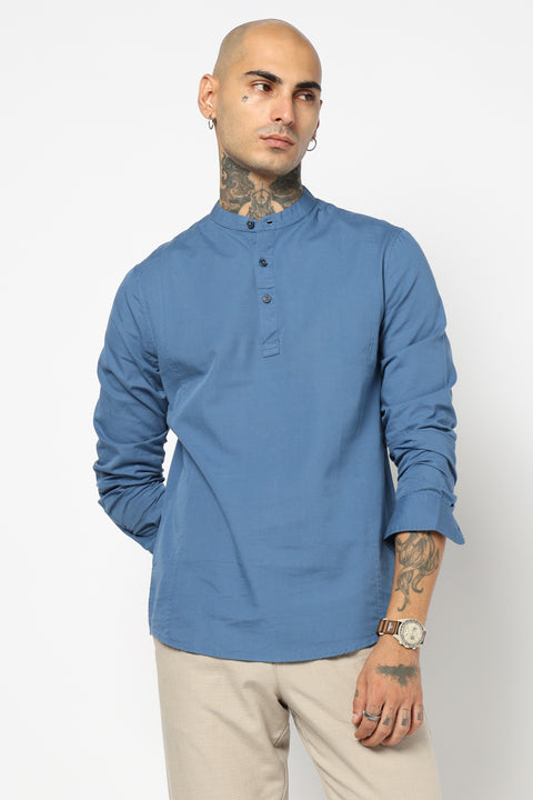 Mid Blue Solid Cotton Kurta Shirt