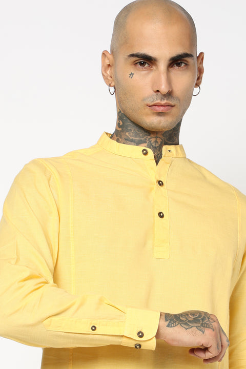 Mustard Solid Cotton Shirt Kurta