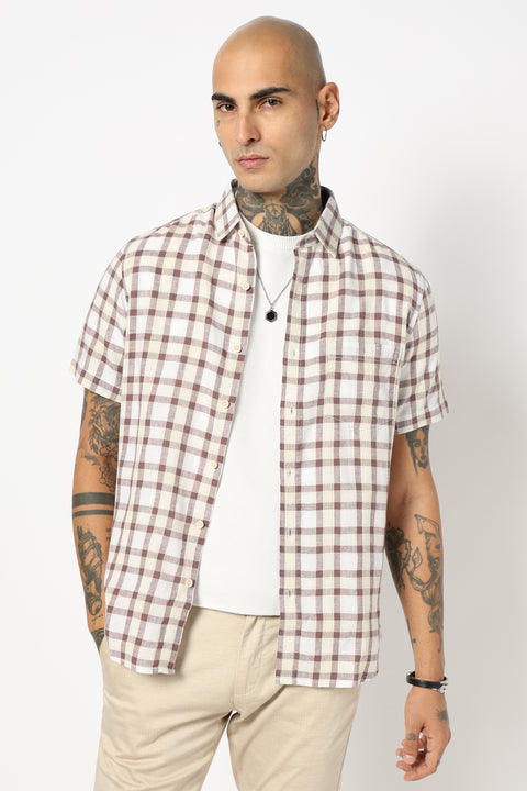 BROWN CHECKERED HALF SLEEVE SHIRT