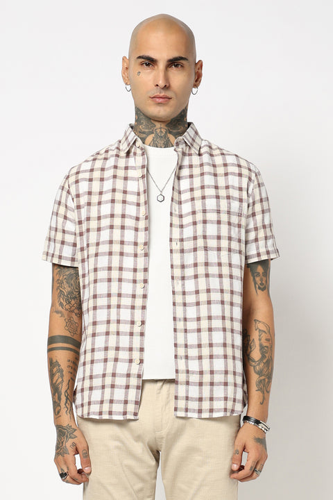 BROWN CHECKERED HALF SLEEVE SHIRT