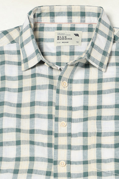 TEAL CHECKERED HALF SLEEVE LINEN BLEND SHIRT