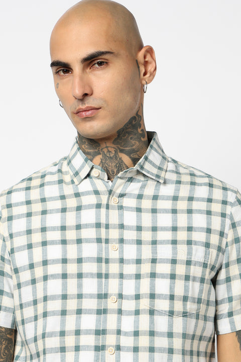 TEAL CHECKERED HALF SLEEVE LINEN BLEND SHIRT