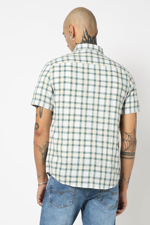 TEAL CHECKERED HALF SLEEVE LINEN BLEND SHIRT