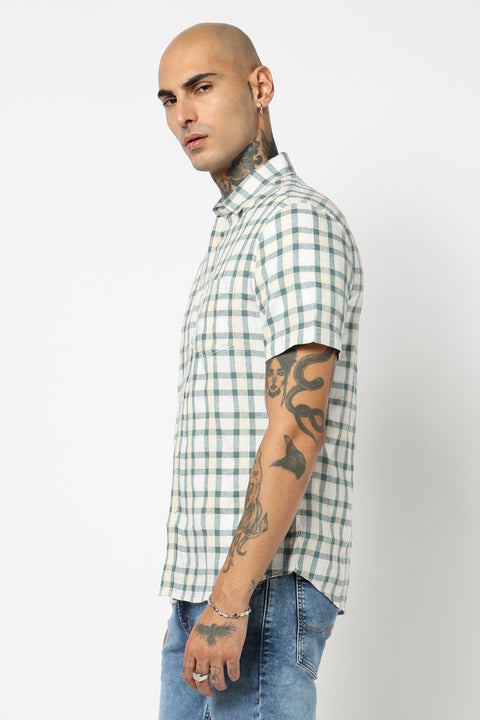 TEAL CHECKERED HALF SLEEVE LINEN BLEND SHIRT