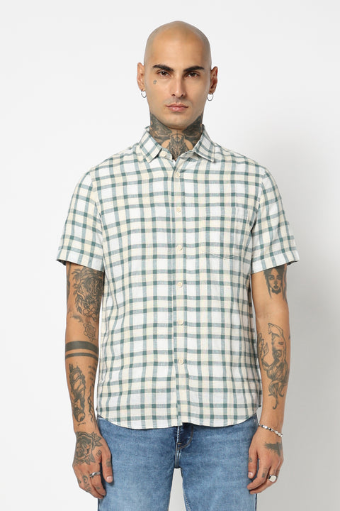 TEAL CHECKERED HALF SLEEVE LINEN BLEND SHIRT