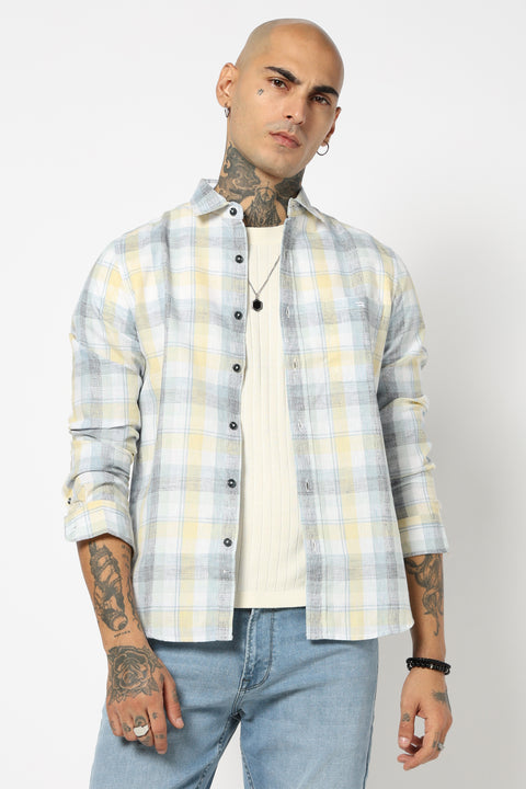 BLUE TARTAN CHECKERED LINEN BLEND SHIRT
