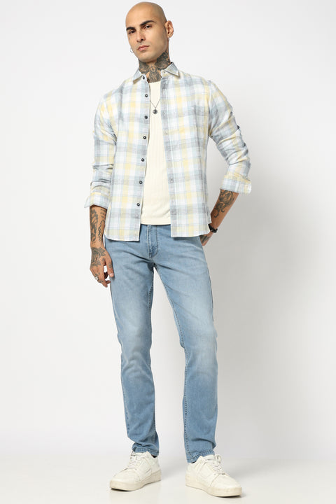 BLUE TARTAN CHECKERED LINEN BLEND SHIRT