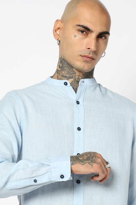 BLUE PLAIN MANDARIN COLLAR SHIRT
