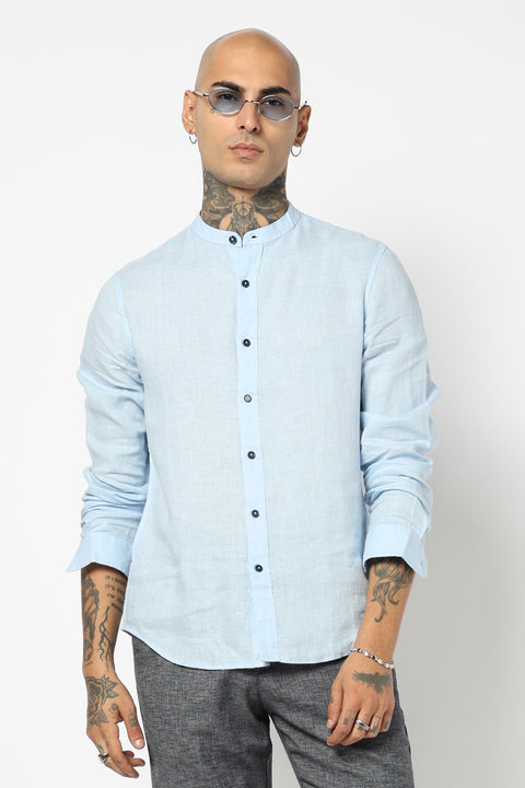 BLUE PLAIN MANDARIN COLLAR SHIRT