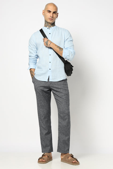 BLUE PLAIN MANDARIN COLLAR SHIRT