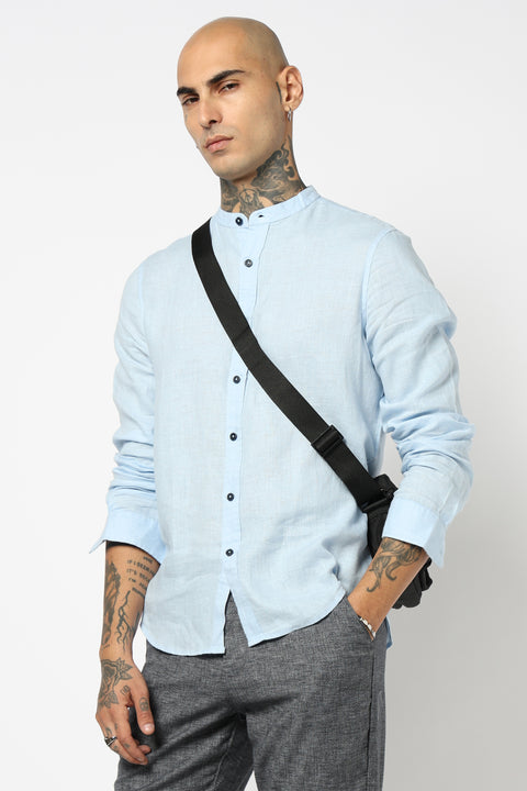 BLUE PLAIN MANDARIN COLLAR SHIRT