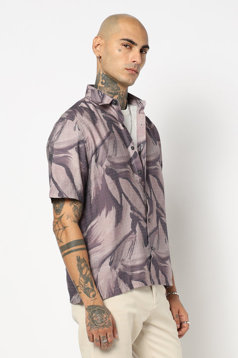 GREY TROPICAL LEAF PRINTED HALF SLEEVE SHIRT