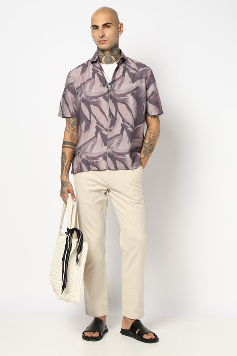 GREY TROPICAL LEAF PRINTED HALF SLEEVE SHIRT