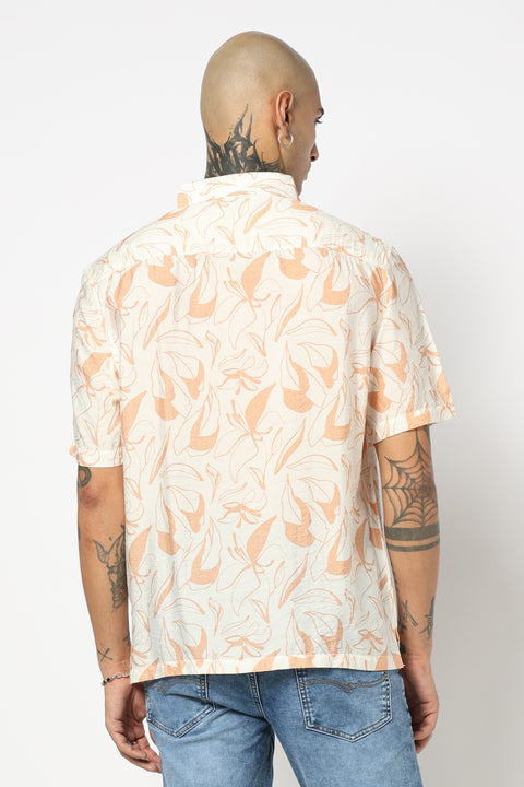 WHITE PRINTED HALF SLEEVE RELAXED FIT SHIRT