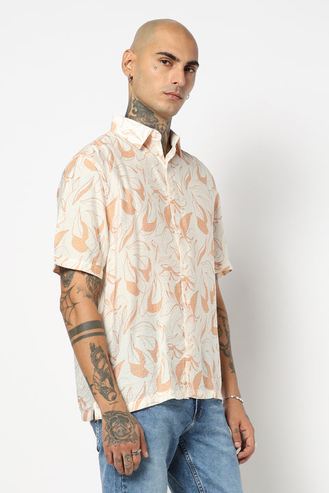 WHITE PRINTED HALF SLEEVE RELAXED FIT SHIRT