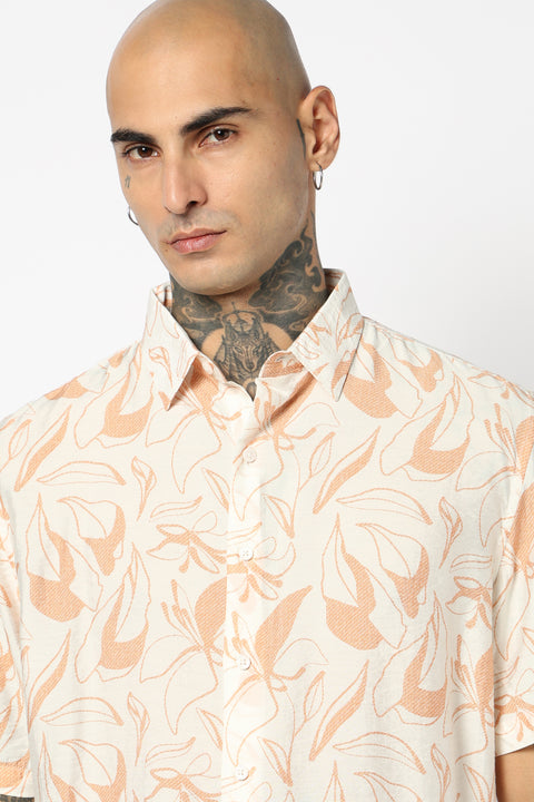 WHITE PRINTED HALF SLEEVE RELAXED FIT SHIRT