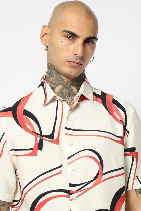 WHITE GEOMETRIC PRINTED HALF SLEEVE SHIRT