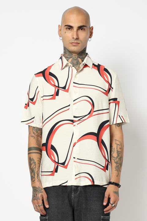 WHITE GEOMETRIC PRINTED HALF SLEEVE SHIRT