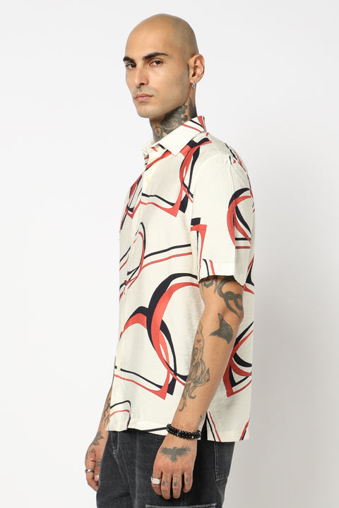 WHITE GEOMETRIC PRINTED HALF SLEEVE SHIRT