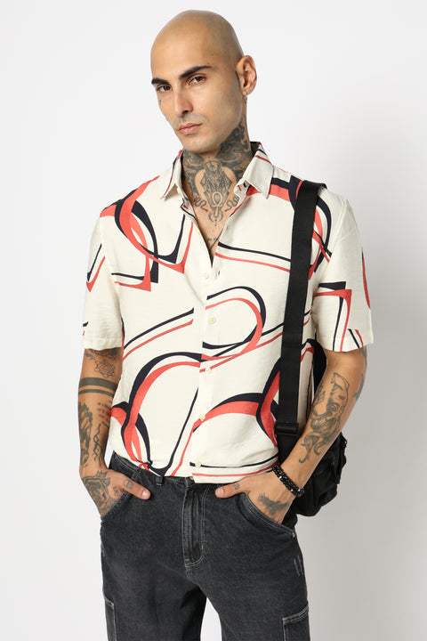 WHITE GEOMETRIC PRINTED HALF SLEEVE SHIRT