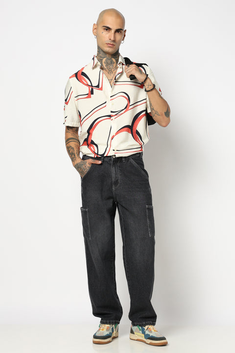 WHITE GEOMETRIC PRINTED HALF SLEEVE SHIRT