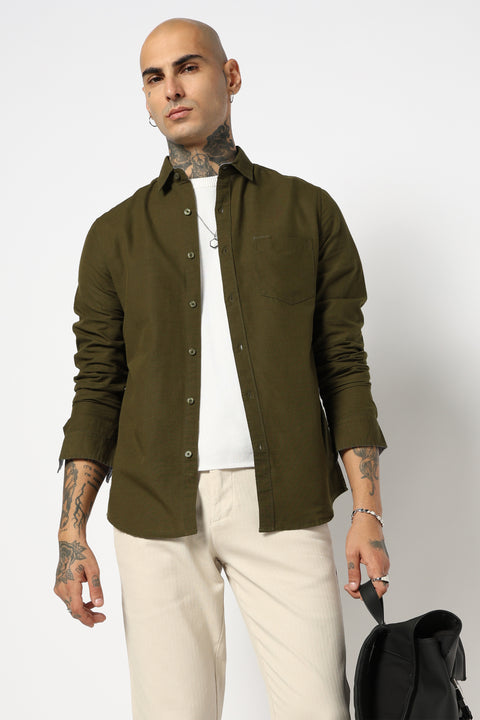 OLIVE SOLID FULL SLEEVE TAILORED FIT SHIRT
