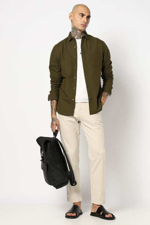 OLIVE SOLID FULL SLEEVE TAILORED FIT SHIRT