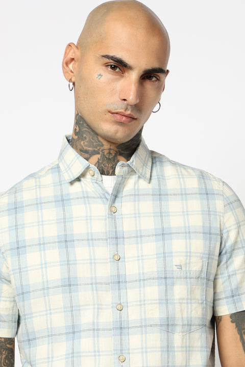 BLUE CHECKERED HALF SLEEVE COTTON SLUB SHIRT