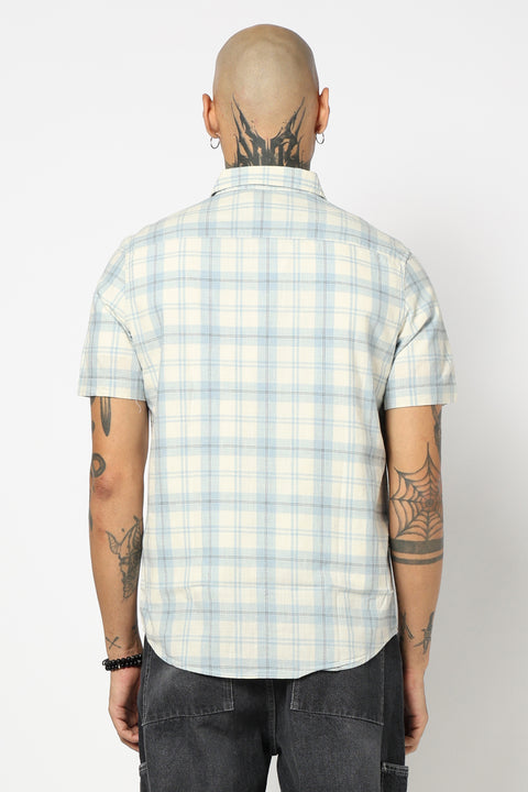 BLUE CHECKERED HALF SLEEVE COTTON SLUB SHIRT