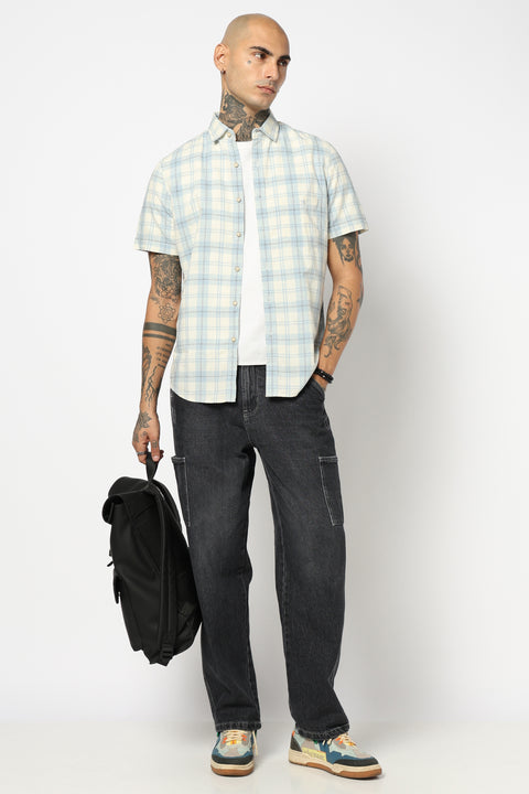 BLUE CHECKERED HALF SLEEVE COTTON SLUB SHIRT