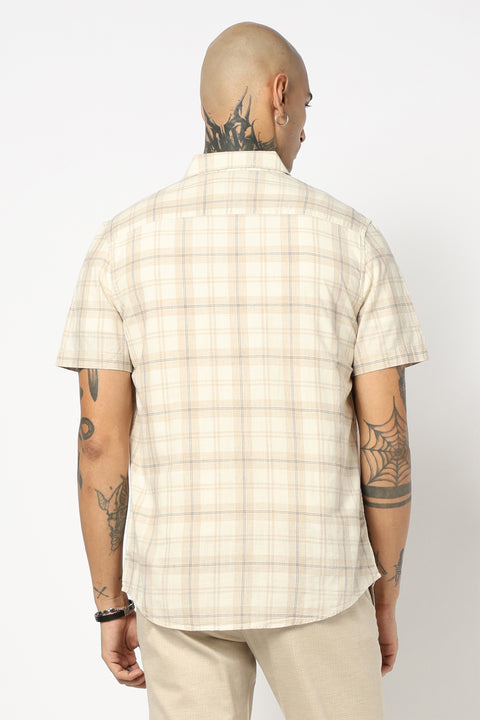 BEIGE CHECKERED HALF SLEEVE COTTON SLUB SHIRT