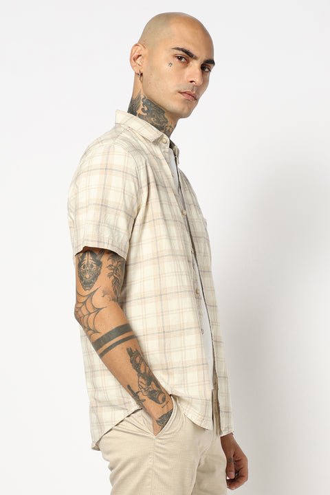BEIGE CHECKERED HALF SLEEVE COTTON SLUB SHIRT