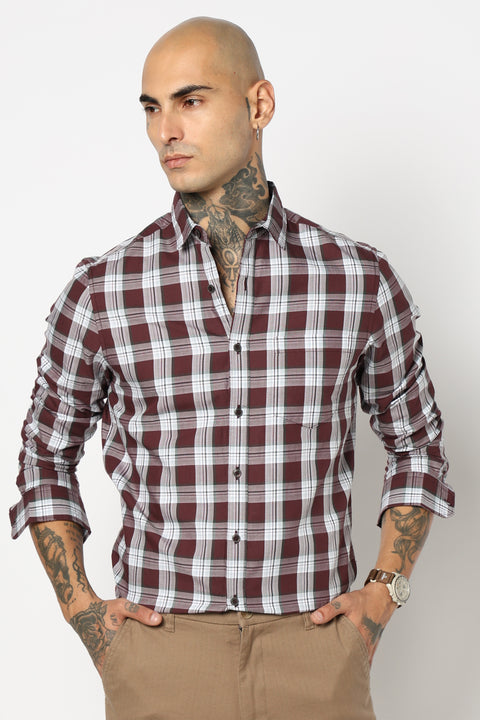 MAROON CHECKERED FULL SLEEVE TAILORED FIT SHIRT