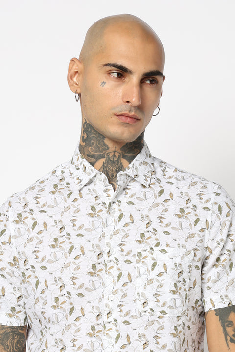 BEIGE LEAF PRINTED HALF SLEEVE SHIRT