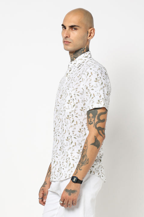 BEIGE LEAF PRINTED HALF SLEEVE SHIRT
