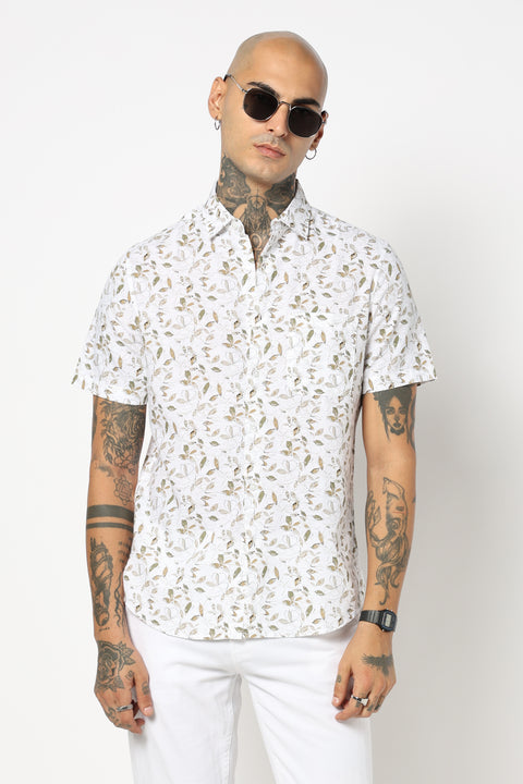 BEIGE LEAF PRINTED HALF SLEEVE SHIRT