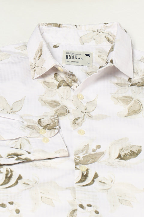 OFF WHITE FLORAL PRINTED COTTON SLUB SHIRT