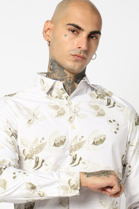OFF WHITE FLORAL PRINTED COTTON SLUB SHIRT
