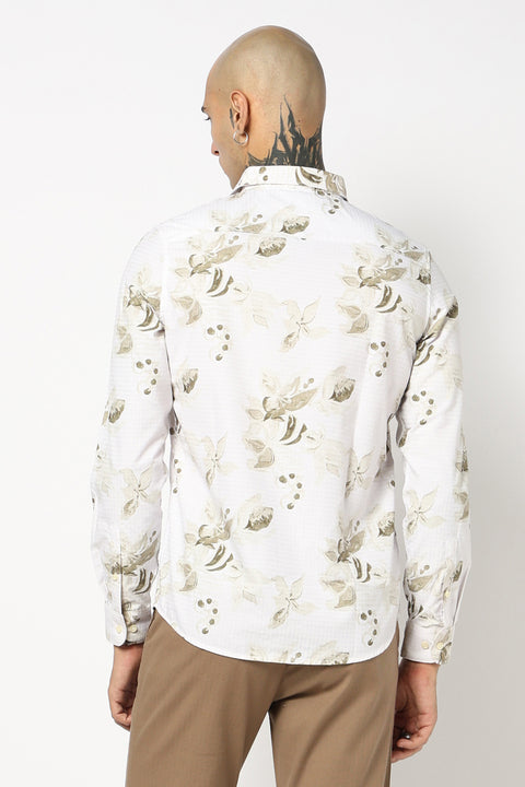 OFF WHITE FLORAL PRINTED COTTON SLUB SHIRT