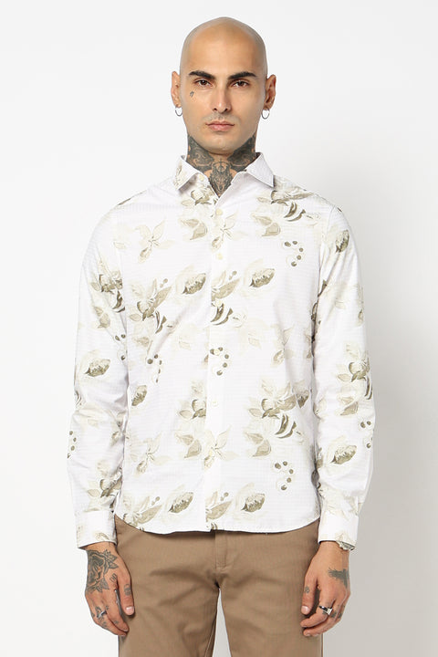 OFF WHITE FLORAL PRINTED COTTON SLUB SHIRT