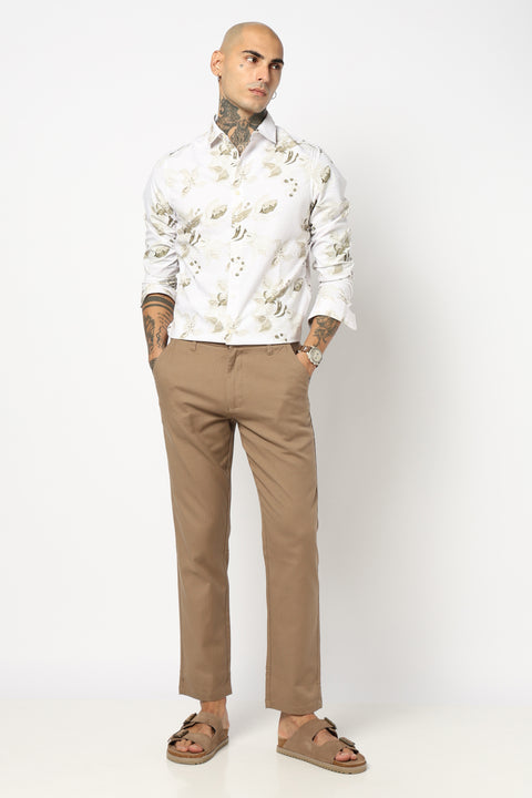 OFF WHITE FLORAL PRINTED COTTON SLUB SHIRT