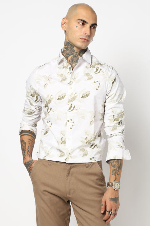 OFF WHITE FLORAL PRINTED COTTON SLUB SHIRT
