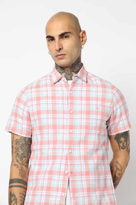 LIGHT PINK CHECKERED HALF SLEEVE SHIRT