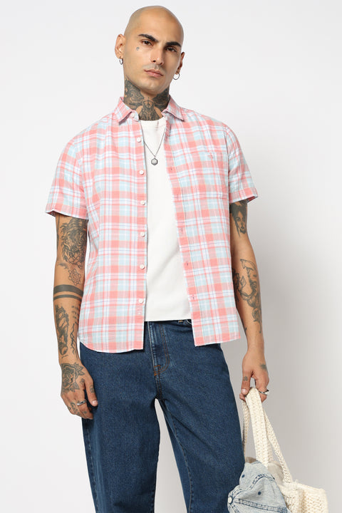 LIGHT PINK CHECKERED HALF SLEEVE SHIRT